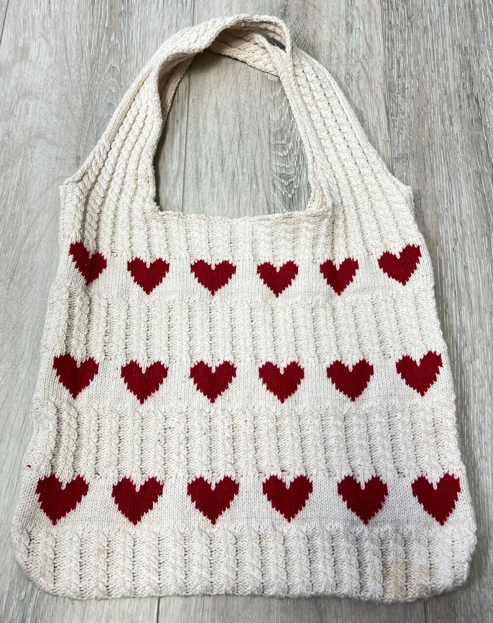 Cream Cable Knit Tote Bag Red Hearts Coquette Valentine Shoulder Bag